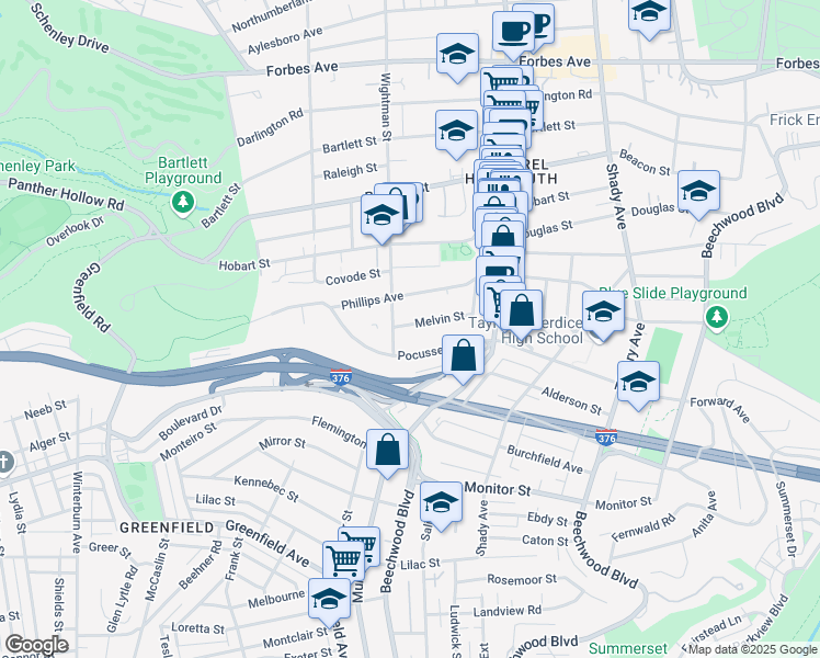 map of restaurants, bars, coffee shops, grocery stores, and more near 5575 Pocusset Street in Pittsburgh