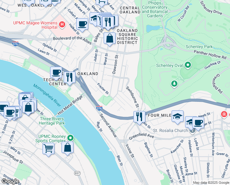 map of restaurants, bars, coffee shops, grocery stores, and more near 3706 Orpwood Street in Pittsburgh
