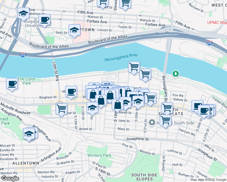 map of restaurants, bars, coffee shops, grocery stores, and more near 1711 Wrights Way in Pittsburgh
