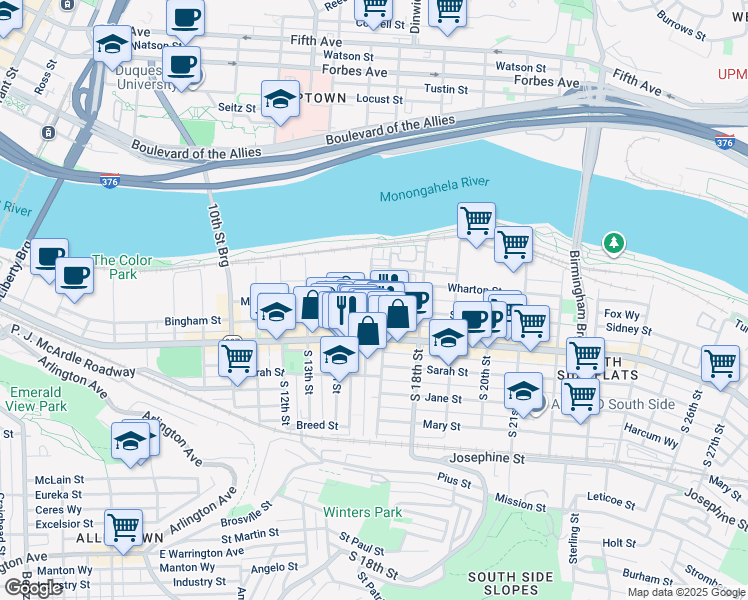 map of restaurants, bars, coffee shops, grocery stores, and more near in Pittsburgh