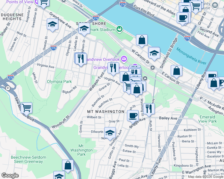 map of restaurants, bars, coffee shops, grocery stores, and more near 34 Natchez Street in Pittsburgh