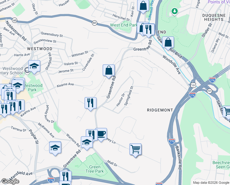 map of restaurants, bars, coffee shops, grocery stores, and more near 639 Ridgemont Drive in Pittsburgh