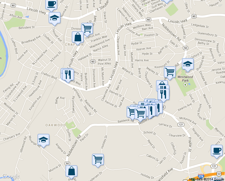 map of restaurants, bars, coffee shops, grocery stores, and more near 1764 Barr Avenue in Pittsburgh