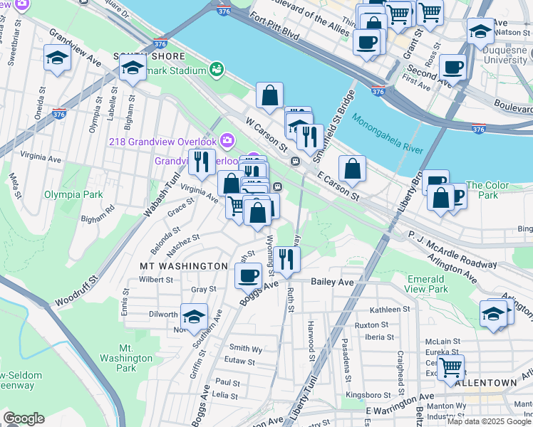 map of restaurants, bars, coffee shops, grocery stores, and more near 36 Wyoming Street in Pittsburgh