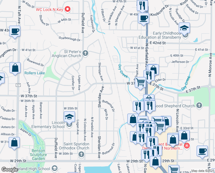 map of restaurants, bars, coffee shops, grocery stores, and more near 3671 Butternut Drive in Loveland