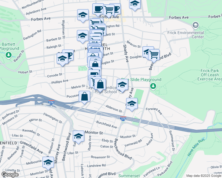 map of restaurants, bars, coffee shops, grocery stores, and more near 2360 Pittock Street in Pittsburgh