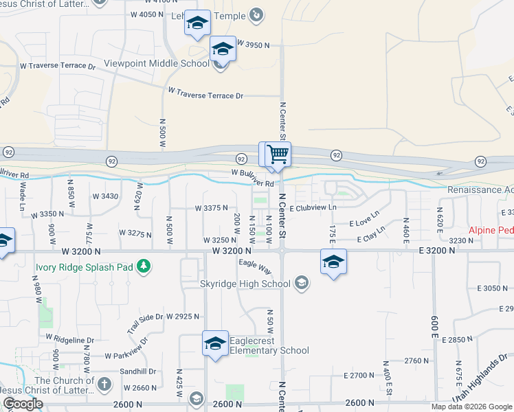 map of restaurants, bars, coffee shops, grocery stores, and more near 3327 North 150 West in Lehi