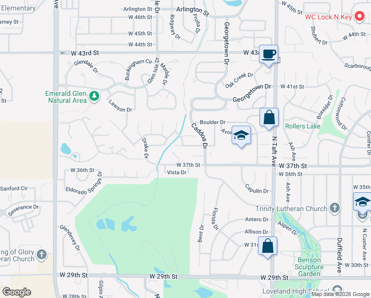 map of restaurants, bars, coffee shops, grocery stores, and more near 3633 Wild Horse Court in Loveland