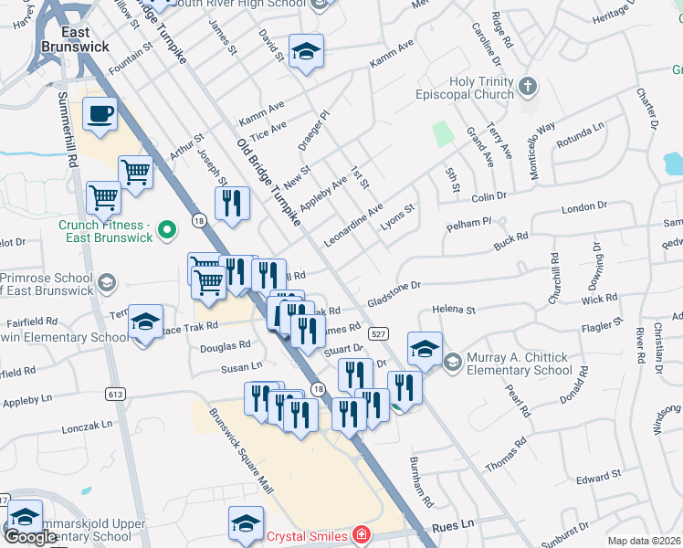 map of restaurants, bars, coffee shops, grocery stores, and more near 36 Old Bridge Turnpike in South River
