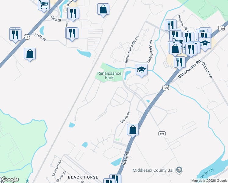 map of restaurants, bars, coffee shops, grocery stores, and more near 218 Hawthorne Road in North Brunswick Township