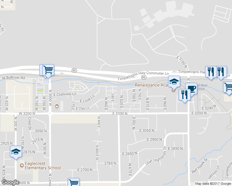 map of restaurants, bars, coffee shops, grocery stores, and more near 565 East 3375 North in Lehi