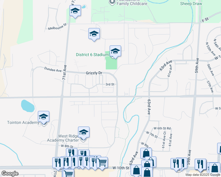 map of restaurants, bars, coffee shops, grocery stores, and more near 6608 West 3rd Street in Greeley