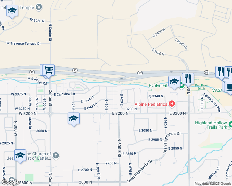 map of restaurants, bars, coffee shops, grocery stores, and more near 565 East 3375 North in Lehi