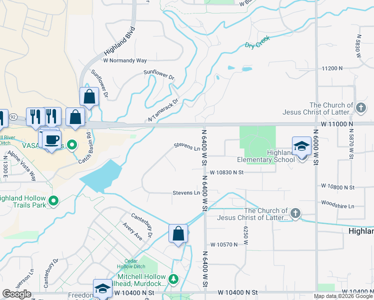 map of restaurants, bars, coffee shops, grocery stores, and more near 6439 West 10900 North in Highland