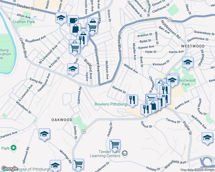 map of restaurants, bars, coffee shops, grocery stores, and more near 1705 Crafton Boulevard in Pittsburgh
