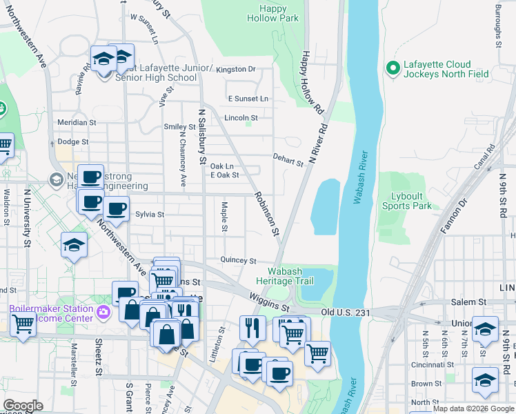 map of restaurants, bars, coffee shops, grocery stores, and more near 460 Littleton Street in West Lafayette
