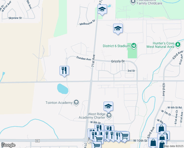 map of restaurants, bars, coffee shops, grocery stores, and more near 361 71st Avenue in Greeley