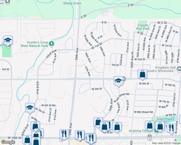 map of restaurants, bars, coffee shops, grocery stores, and more near 5701 West 5th Street in Greeley