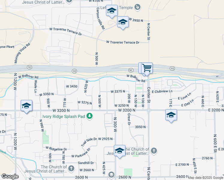 map of restaurants, bars, coffee shops, grocery stores, and more near 3349 North 350 West in Lehi