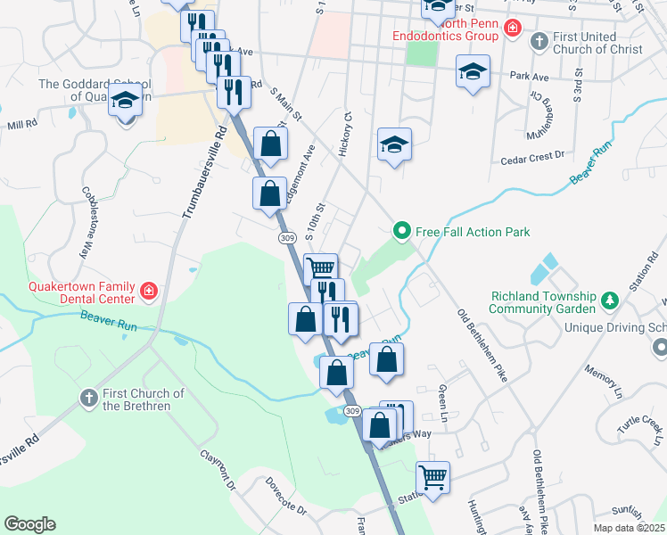 map of restaurants, bars, coffee shops, grocery stores, and more near 561 South West End Boulevard in Quakertown
