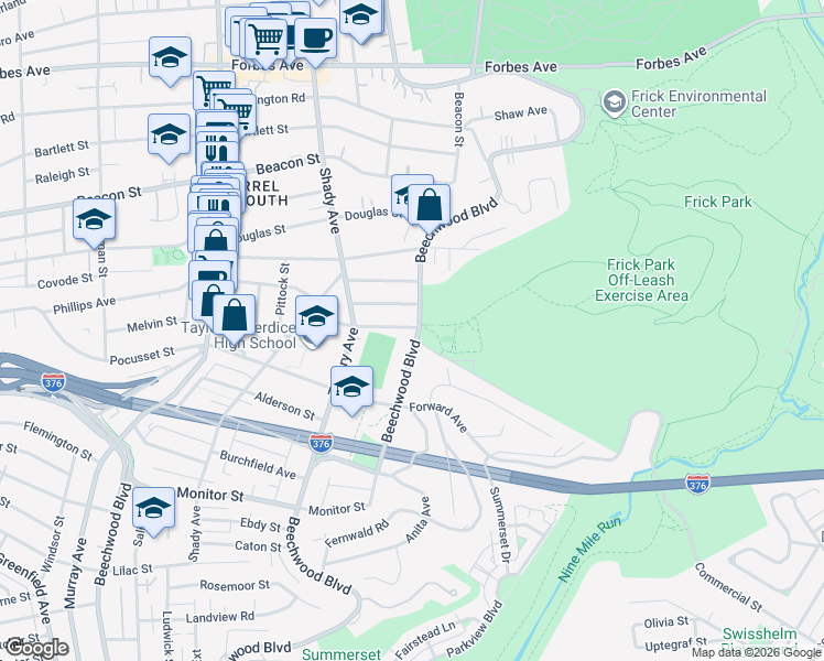 map of restaurants, bars, coffee shops, grocery stores, and more near 2528 Beechwood Boulevard in Pittsburgh