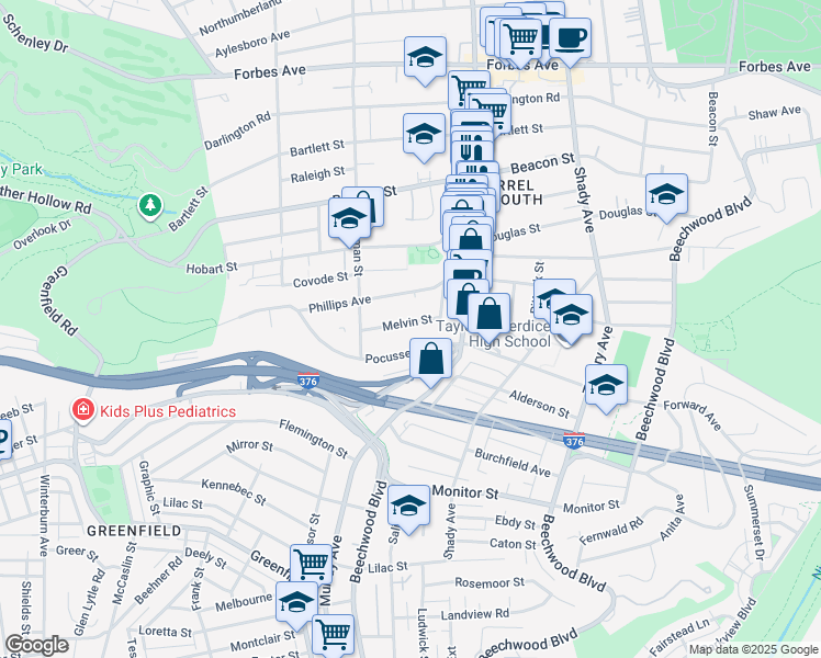 map of restaurants, bars, coffee shops, grocery stores, and more near 5639 Pocusset Street in Pittsburgh