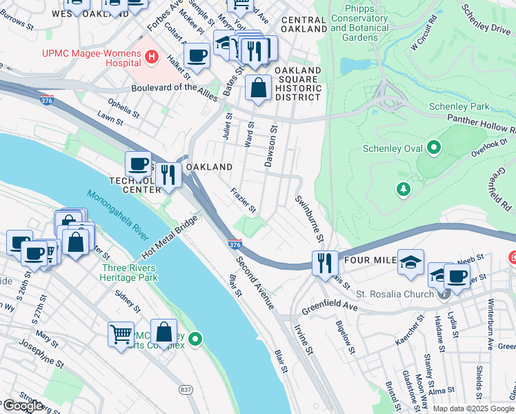 map of restaurants, bars, coffee shops, grocery stores, and more near 3638 Frazier Street in Pittsburgh