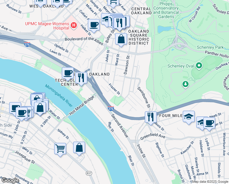 map of restaurants, bars, coffee shops, grocery stores, and more near 3638 Frazier Street in Pittsburgh
