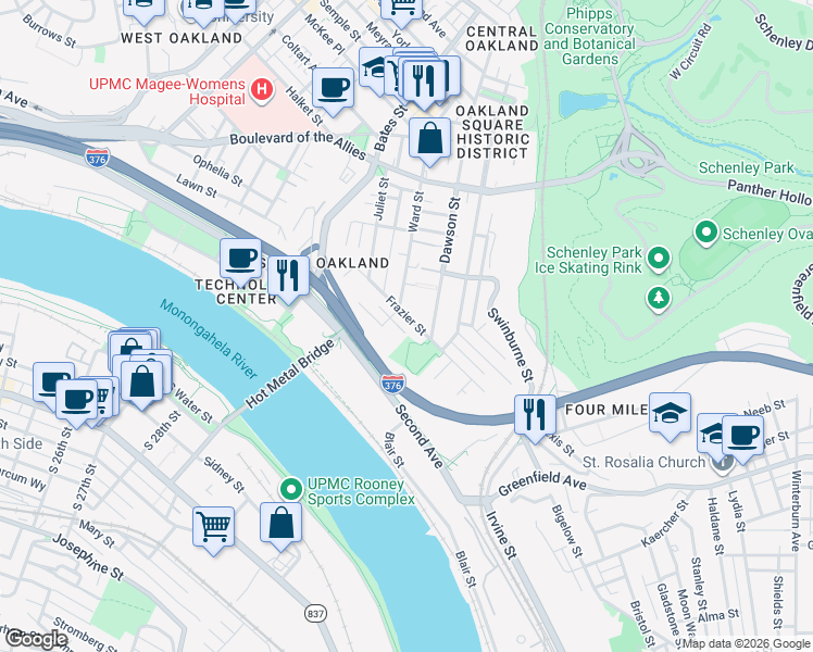 map of restaurants, bars, coffee shops, grocery stores, and more near 3638 Frazier Street in Pittsburgh