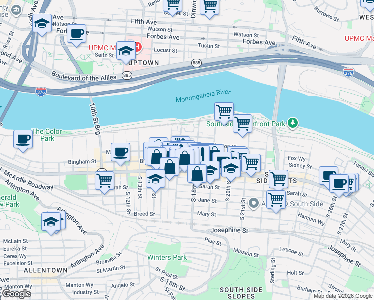 map of restaurants, bars, coffee shops, grocery stores, and more near 1711 Wrights Way in Pittsburgh