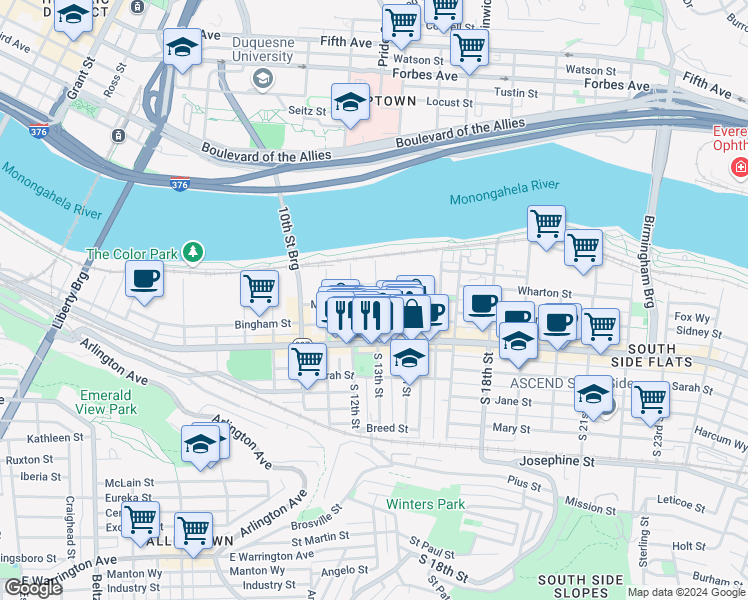 map of restaurants, bars, coffee shops, grocery stores, and more near in Pittsburgh