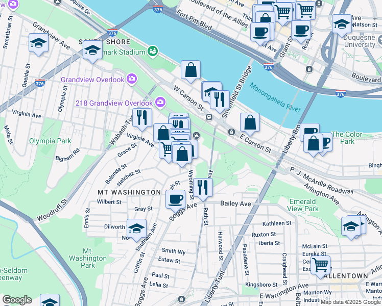 map of restaurants, bars, coffee shops, grocery stores, and more near 22 Southern Avenue in Pittsburgh