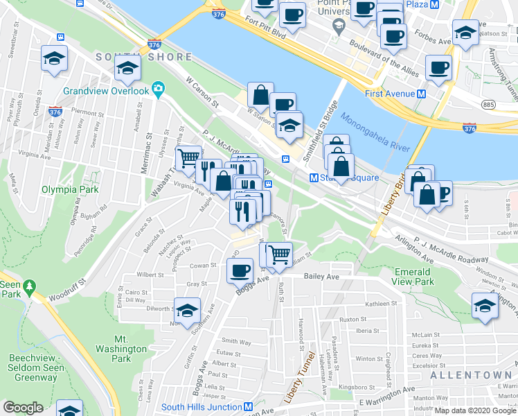 map of restaurants, bars, coffee shops, grocery stores, and more near 22 Southern Avenue in Pittsburgh