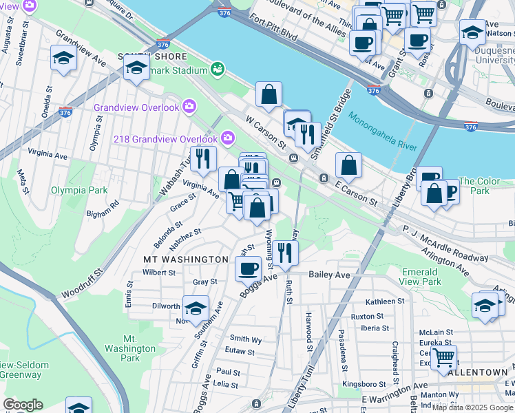 map of restaurants, bars, coffee shops, grocery stores, and more near 22 Southern Avenue in Pittsburgh