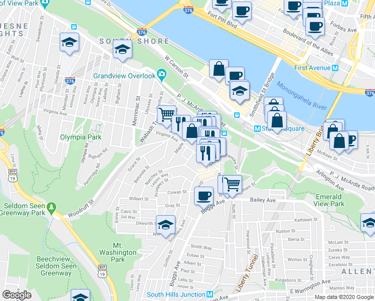 map of restaurants, bars, coffee shops, grocery stores, and more near 125 Virginia Avenue in Pittsburgh