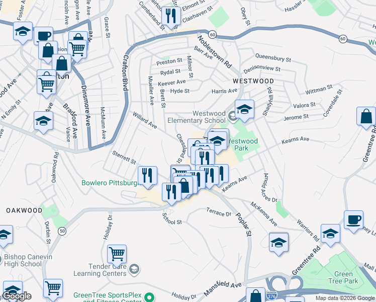 map of restaurants, bars, coffee shops, grocery stores, and more near 1831 Chessland Street in Pittsburgh
