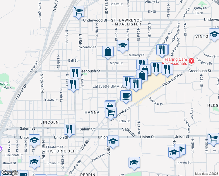 map of restaurants, bars, coffee shops, grocery stores, and more near 1809 Wilson Street in Lafayette