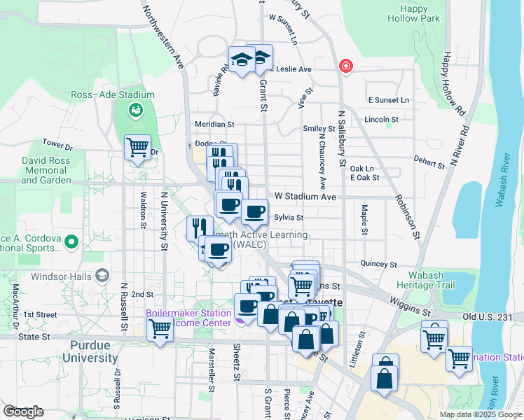 map of restaurants, bars, coffee shops, grocery stores, and more near 460 Grant Street in West Lafayette