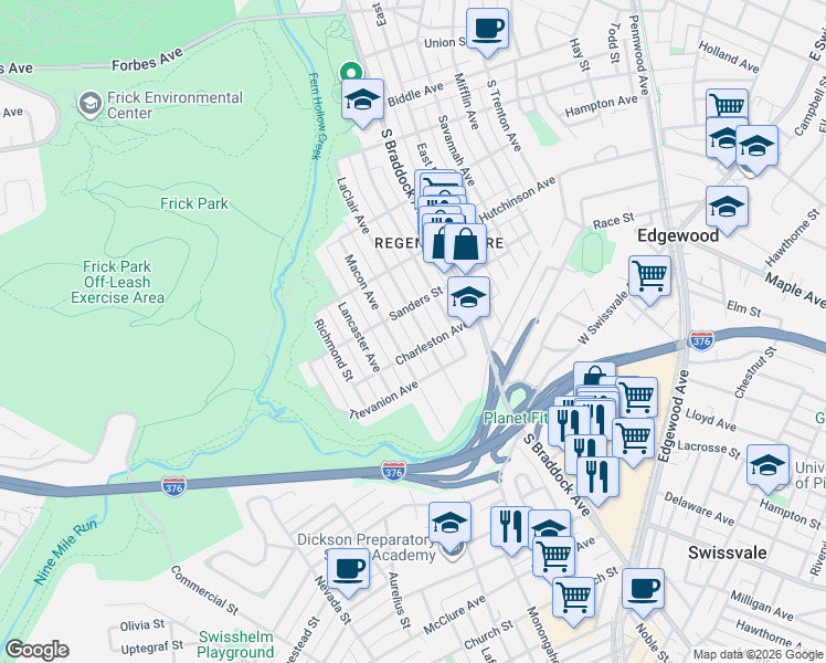 map of restaurants, bars, coffee shops, grocery stores, and more near 1304 Laclair Street in Pittsburgh