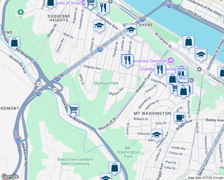 map of restaurants, bars, coffee shops, grocery stores, and more near 531 Bigham Road in Pittsburgh