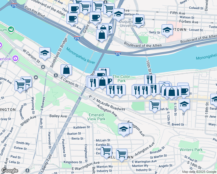 map of restaurants, bars, coffee shops, grocery stores, and more near 428 Bingham Street in Pittsburgh