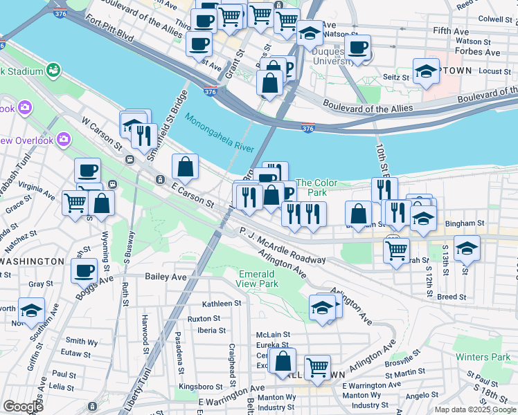 map of restaurants, bars, coffee shops, grocery stores, and more near 333 East Carson Street in Pittsburgh