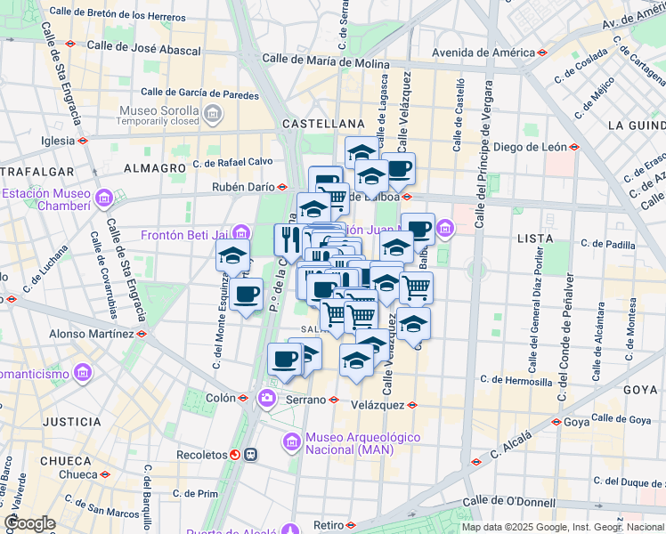 map of restaurants, bars, coffee shops, grocery stores, and more near 72 Calle de Serrano in Madrid