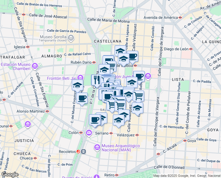 map of restaurants, bars, coffee shops, grocery stores, and more near 72 Calle de Serrano in Madrid