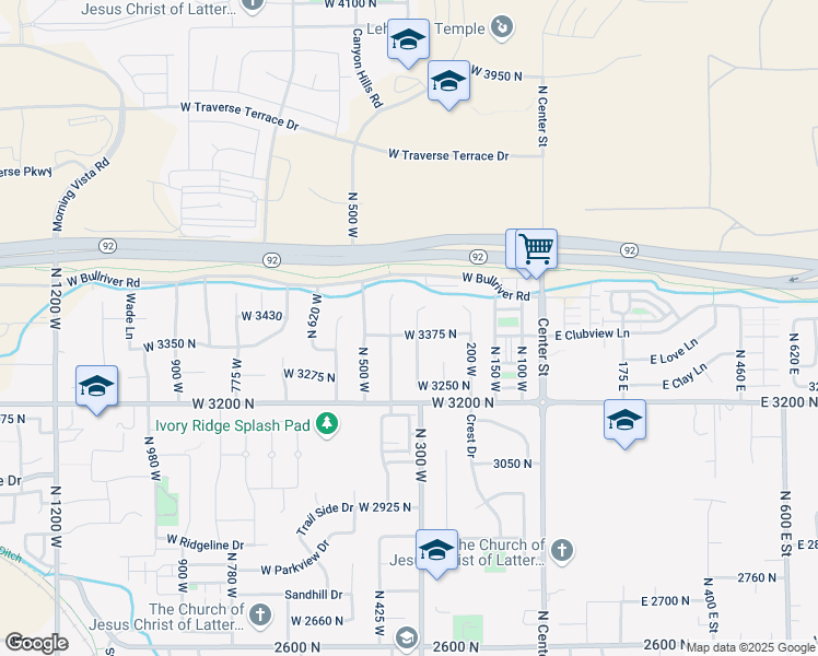 map of restaurants, bars, coffee shops, grocery stores, and more near 3349 North 350 West in Lehi