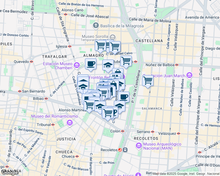 map of restaurants, bars, coffee shops, grocery stores, and more near 28 Calle Almagro in Madrid