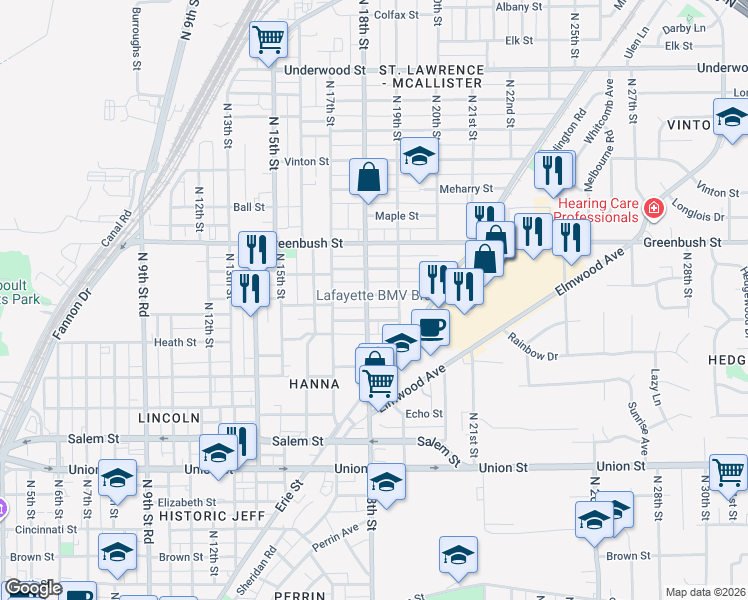 map of restaurants, bars, coffee shops, grocery stores, and more near 1809 Wilson Street in Lafayette