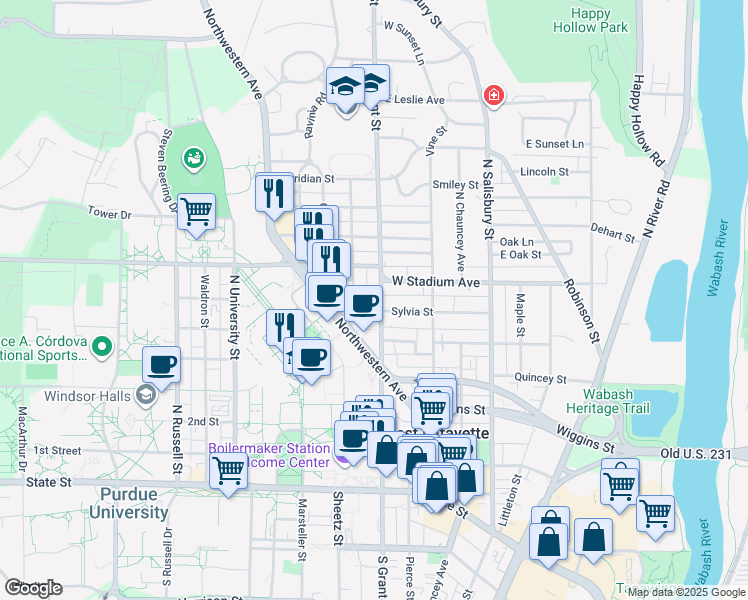map of restaurants, bars, coffee shops, grocery stores, and more near 460 Grant Street in West Lafayette
