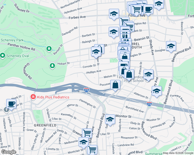 map of restaurants, bars, coffee shops, grocery stores, and more near 2220 Wightman Street in Pittsburgh