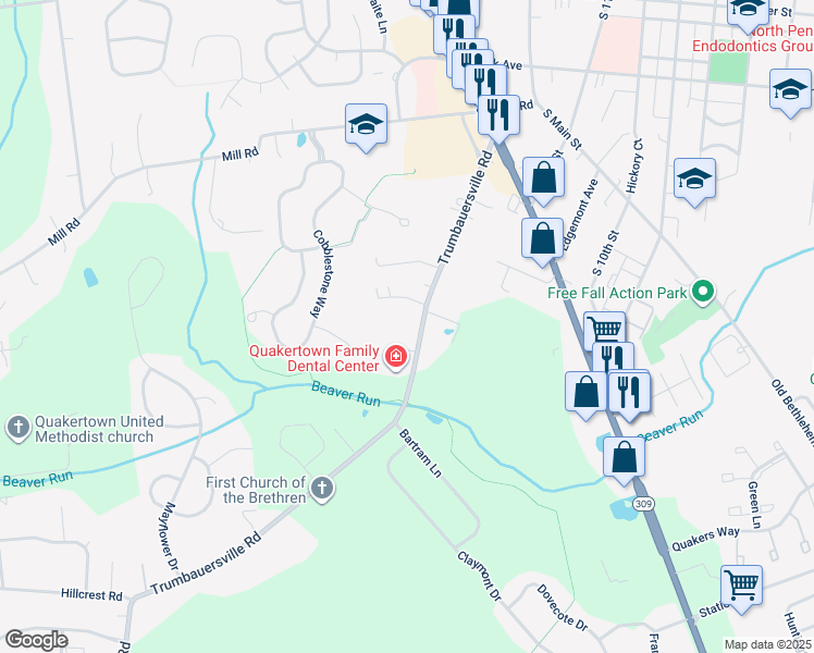 map of restaurants, bars, coffee shops, grocery stores, and more near 214 Trumbauersville Road in Quakertown